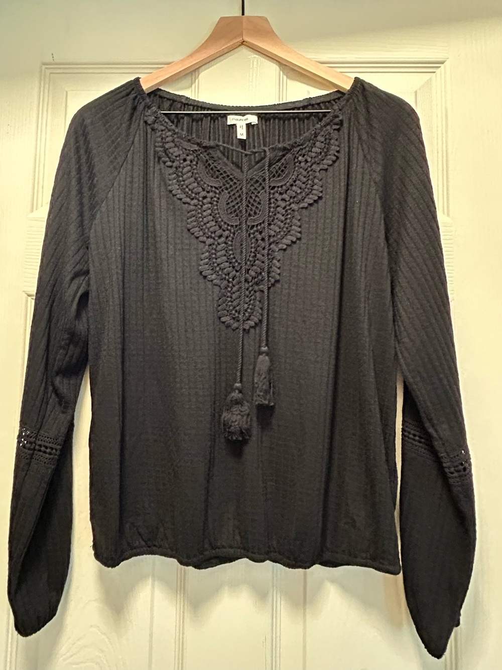 Maurices Black Crochet Tassel Peasant Blouse